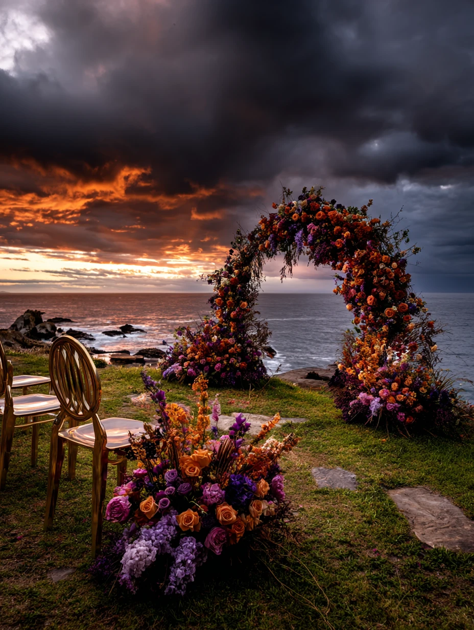 Dramatic Coastal Arch & Gold Chairs