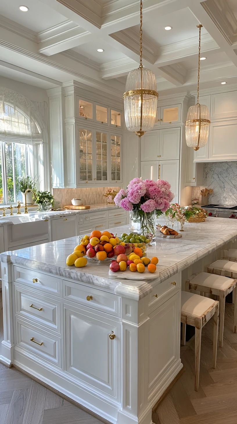 Grand White Kitchen with Gold & Glass Accents