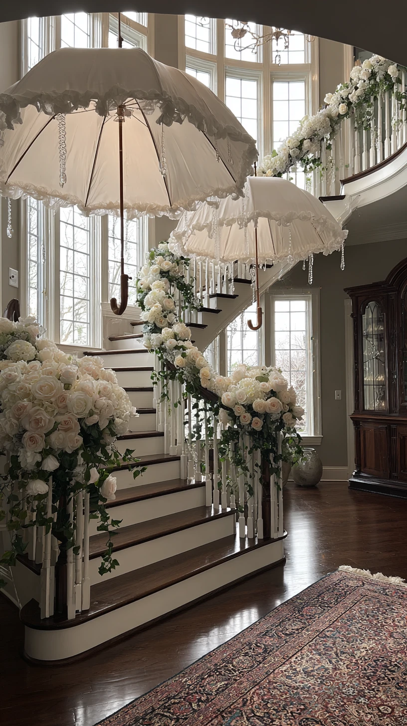 Staircase with Ruffled Umbrellas & Greenery
