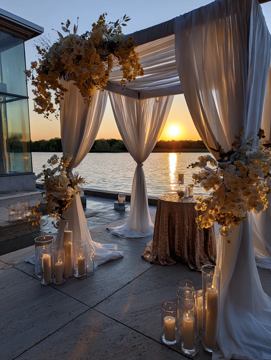 Modern Lakeside Ceremony with Sequin Table