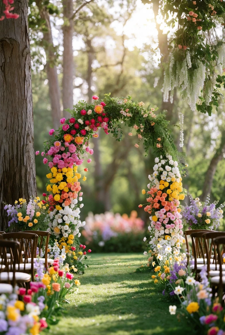 Colorful Floral Arch with Dark Wood Chairs