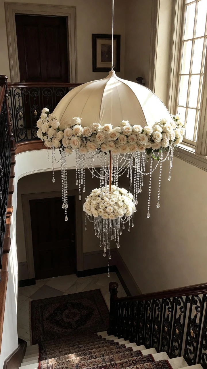 Grand White Rose Umbrella Chandelier