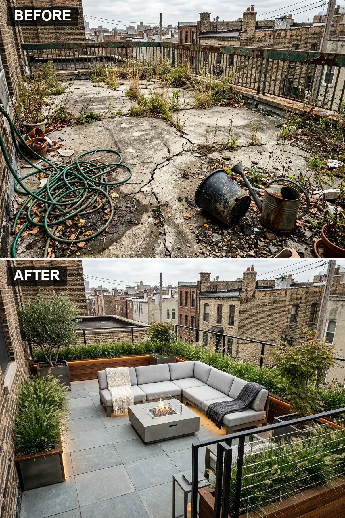 Modern Fire Pit & Built-in Planter Lounge