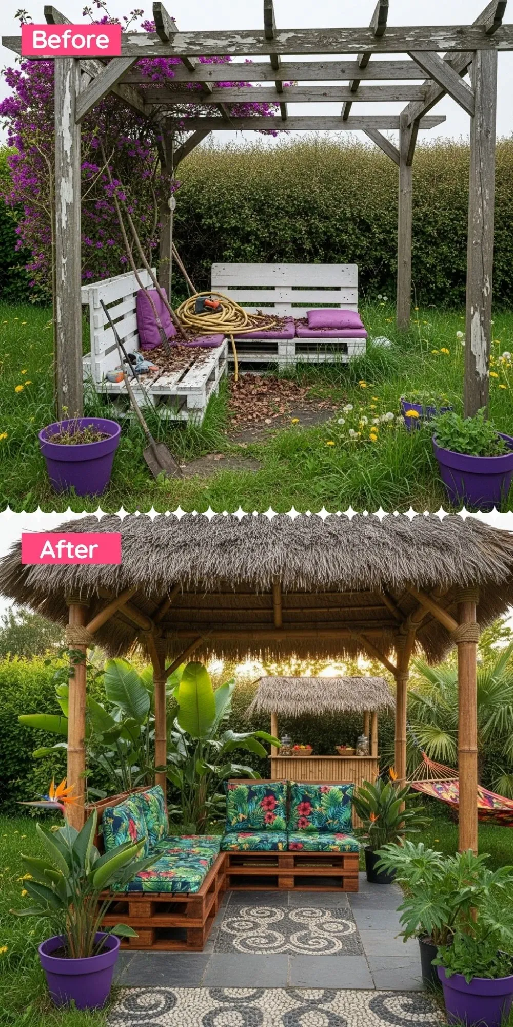 Tropical Tiki Paradise with Thatched Roof and Bamboo