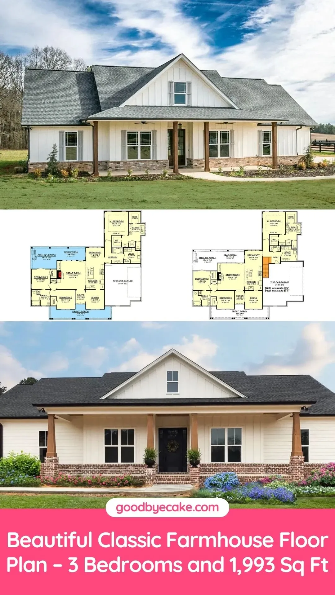 Classic Farmhouse Exterior: 3-Bed, 2-Bath House Plan