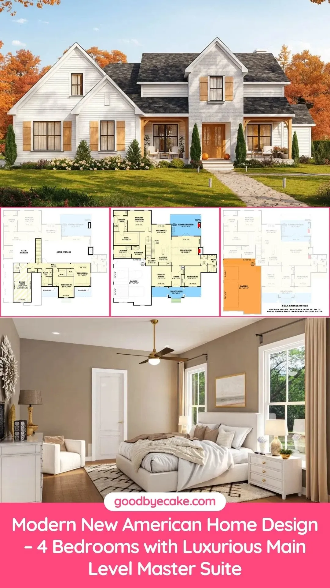 New American House Plan: Main Suite, Guest Bed & Flex Space on 1st Floor