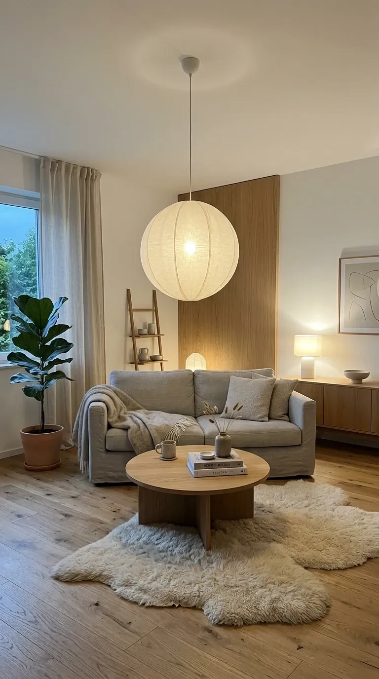 Scandinavian Living Room with Soft Paper Pendant