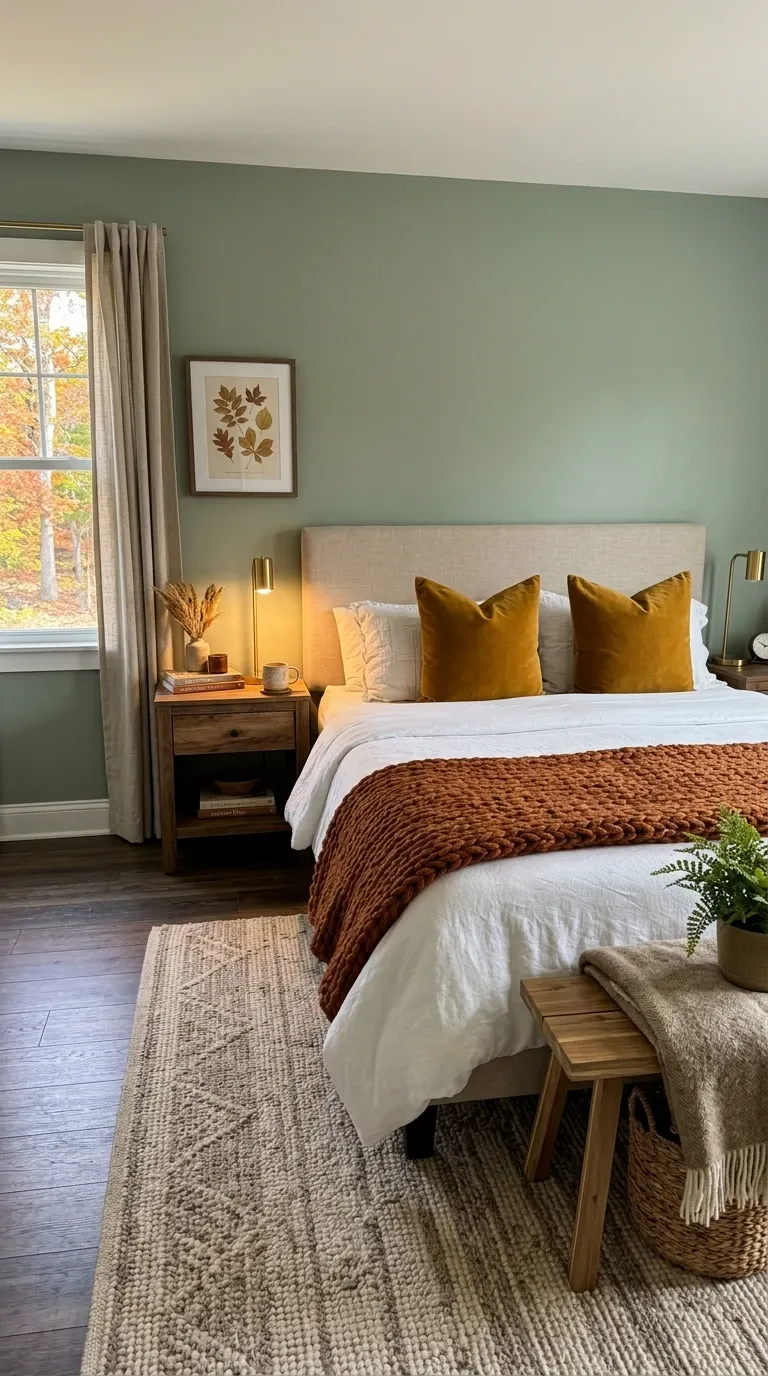 Calming Sage & Rust Bedroom