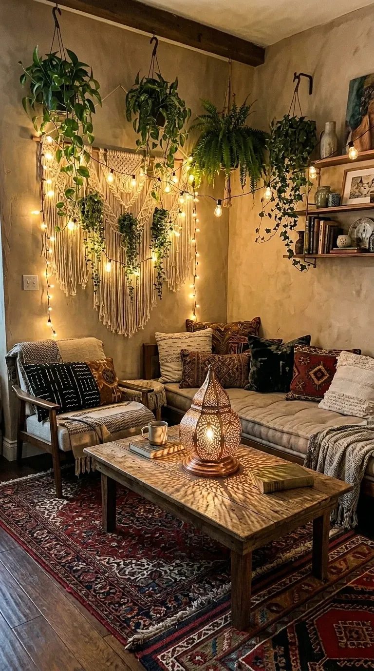 Boho Cozy Corner with String Lights