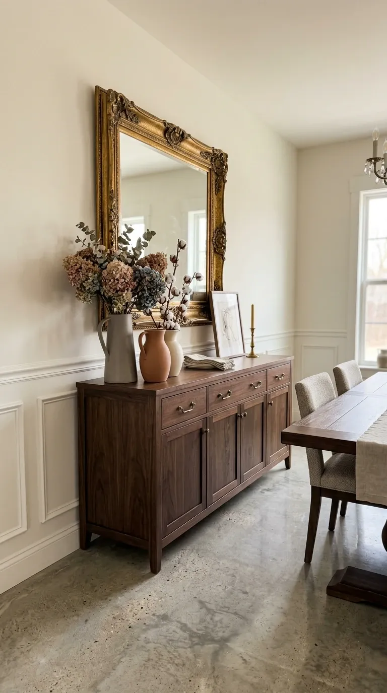 Elegant Dining Buffet with Dried Hydrangeas