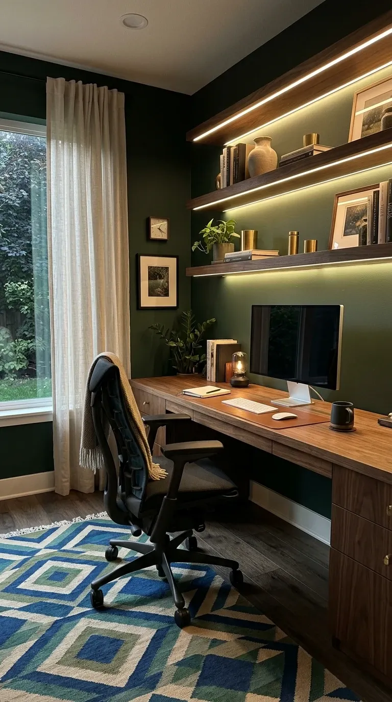 Productive Home Office with Integrated Shelf Lighting