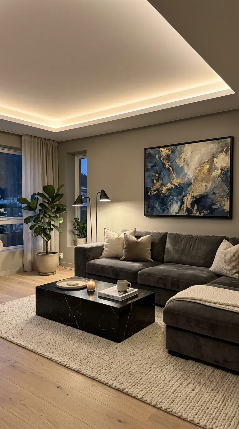 Sleek Modern Living Room with Cove & Lamp Lighting