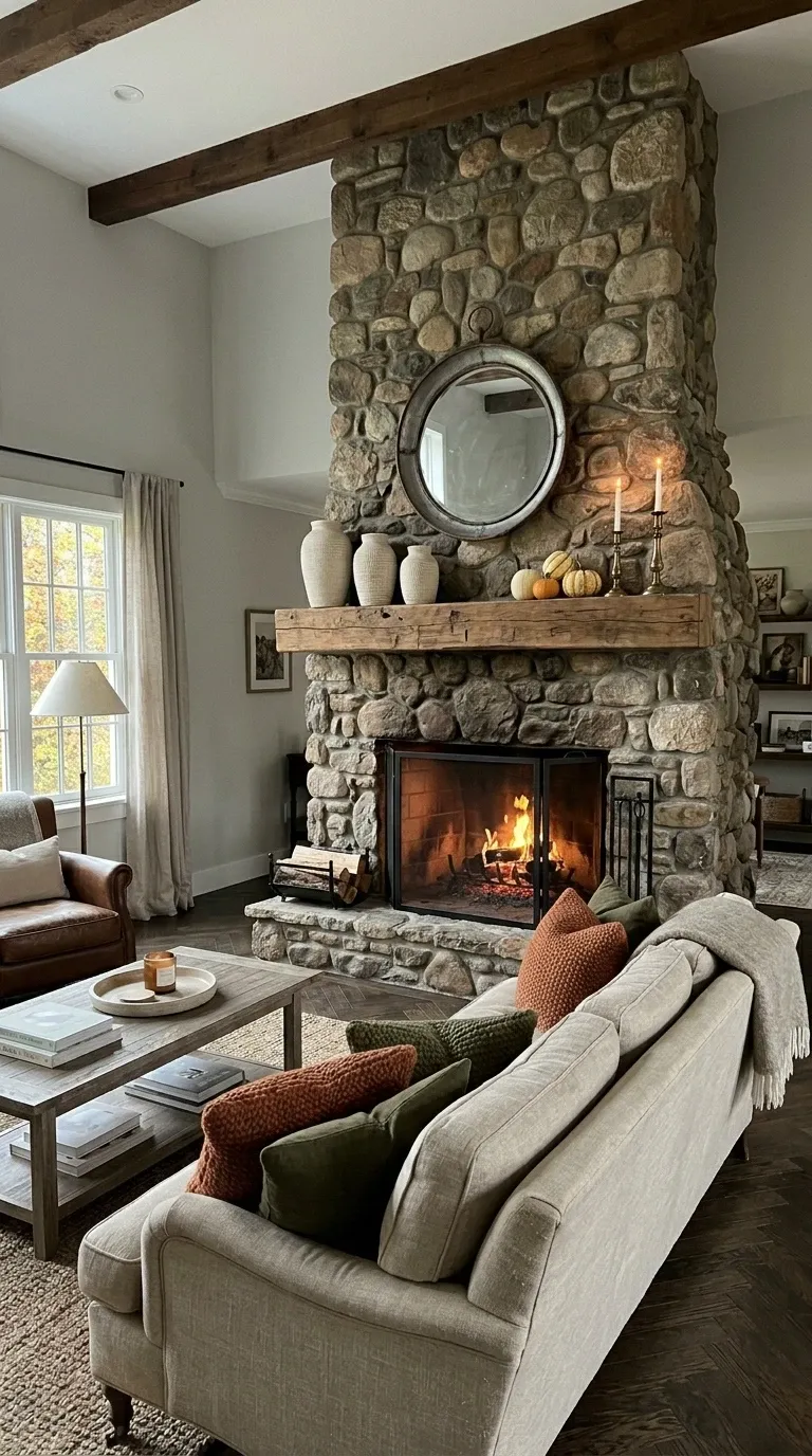 Grand Stone Fireplace Living Room