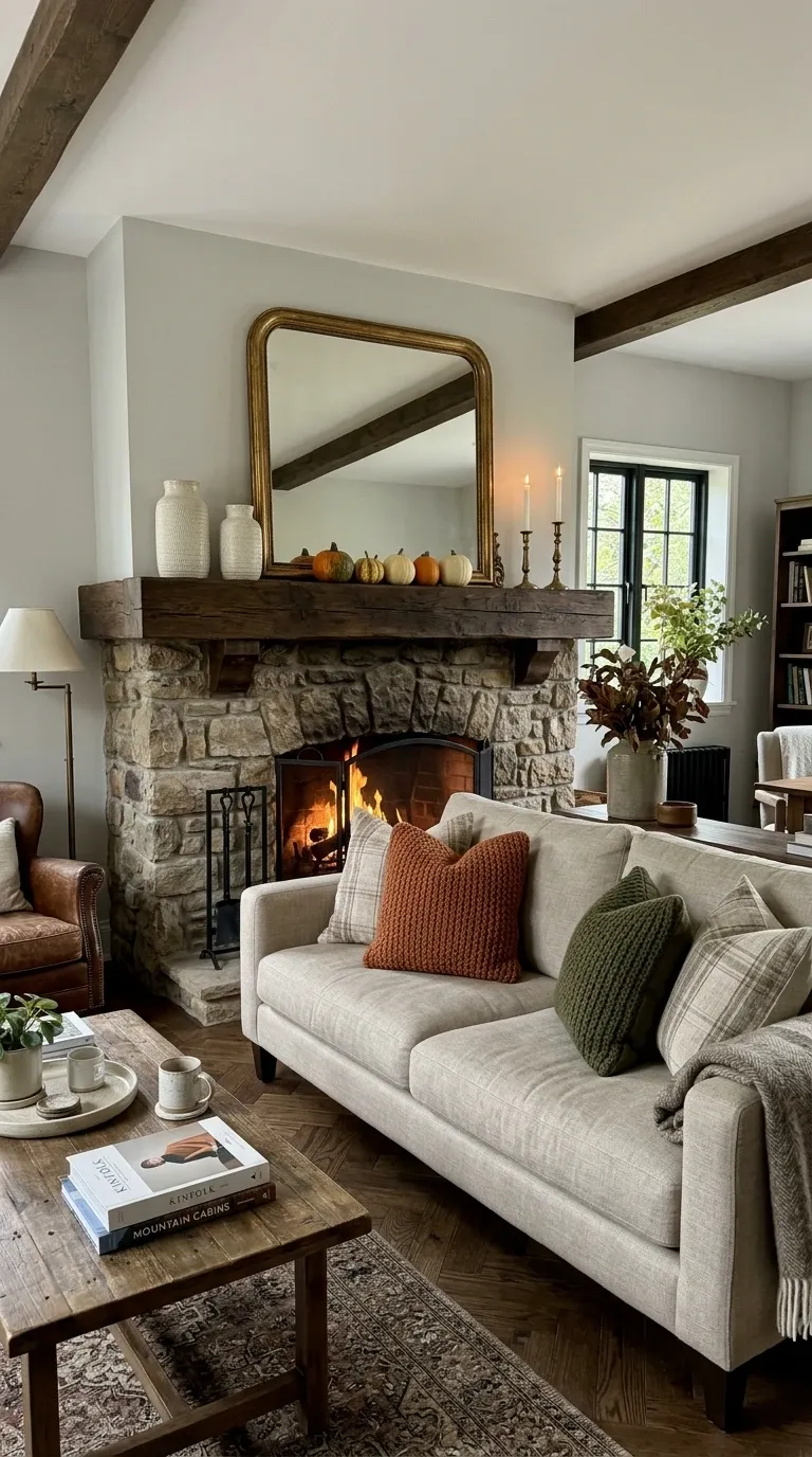Stone Fireplace & Beamed Ceiling Living Room