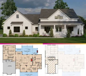 Modern Farmhouse House Plan with Split Bedrooms Bonus Room and Outdoor Fireplace 360x320