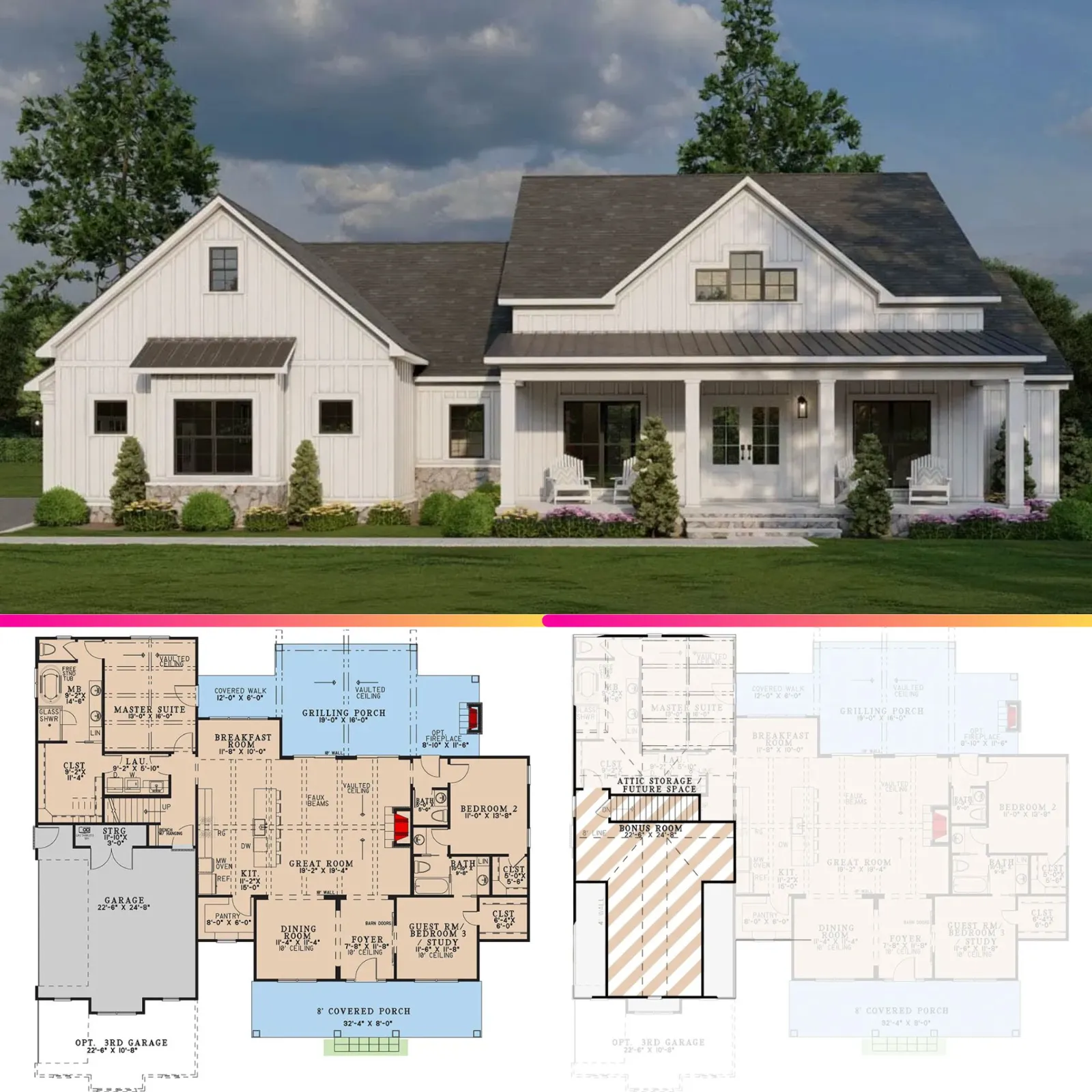 Modern Farmhouse House Plan with Split Bedrooms Bonus Room and Outdoor Fireplace