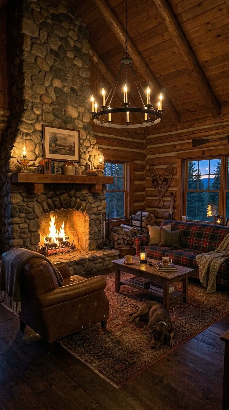 Rustic Cabin Living Room with Warm Firelight