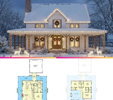 Spacious Modern Farmhouse Floor Plan with Wraparound Porch and Dramatic Two Story Great Room 360x320