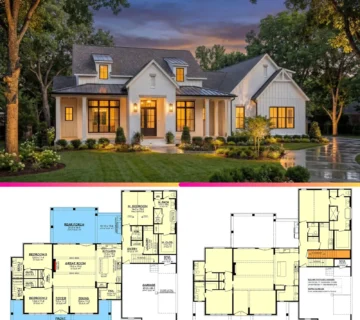 Transitional Southern Farmhouse House Plan with Outdoor Kitchen and Bonus Room 360x320