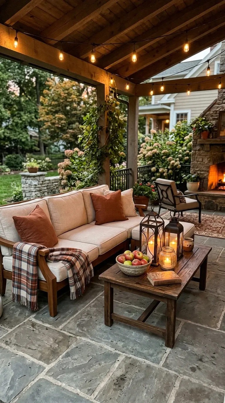 Rustic Covered Patio with Fireplace