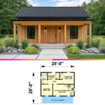 560 Sq Ft Modern Cabin Plan: Efficient 2 Bed Design with Porch