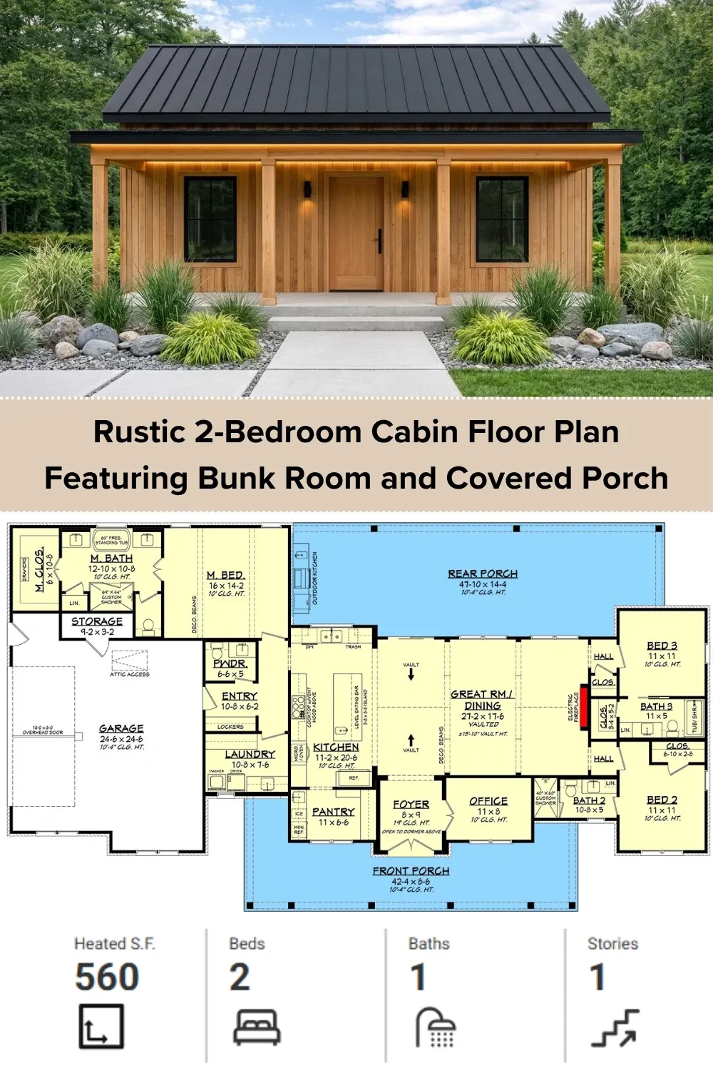 Rustic 2-Bedroom Cabin Floor Plan with Bunk Room & Porch