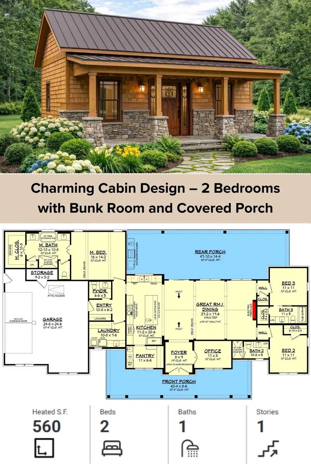 Charming Craftsman Cottage Plan: 2 Beds, 1 Bath, 560 Sq Ft