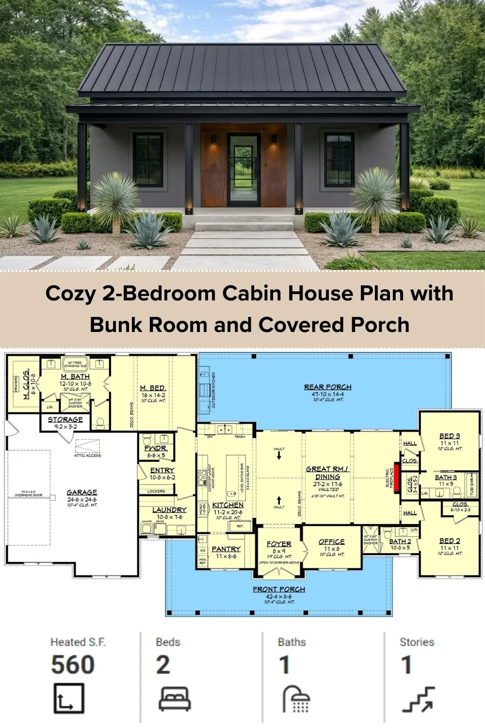 Modern Industrial Cabin Plan | 2 Bed, 1 Bath Compact Layout