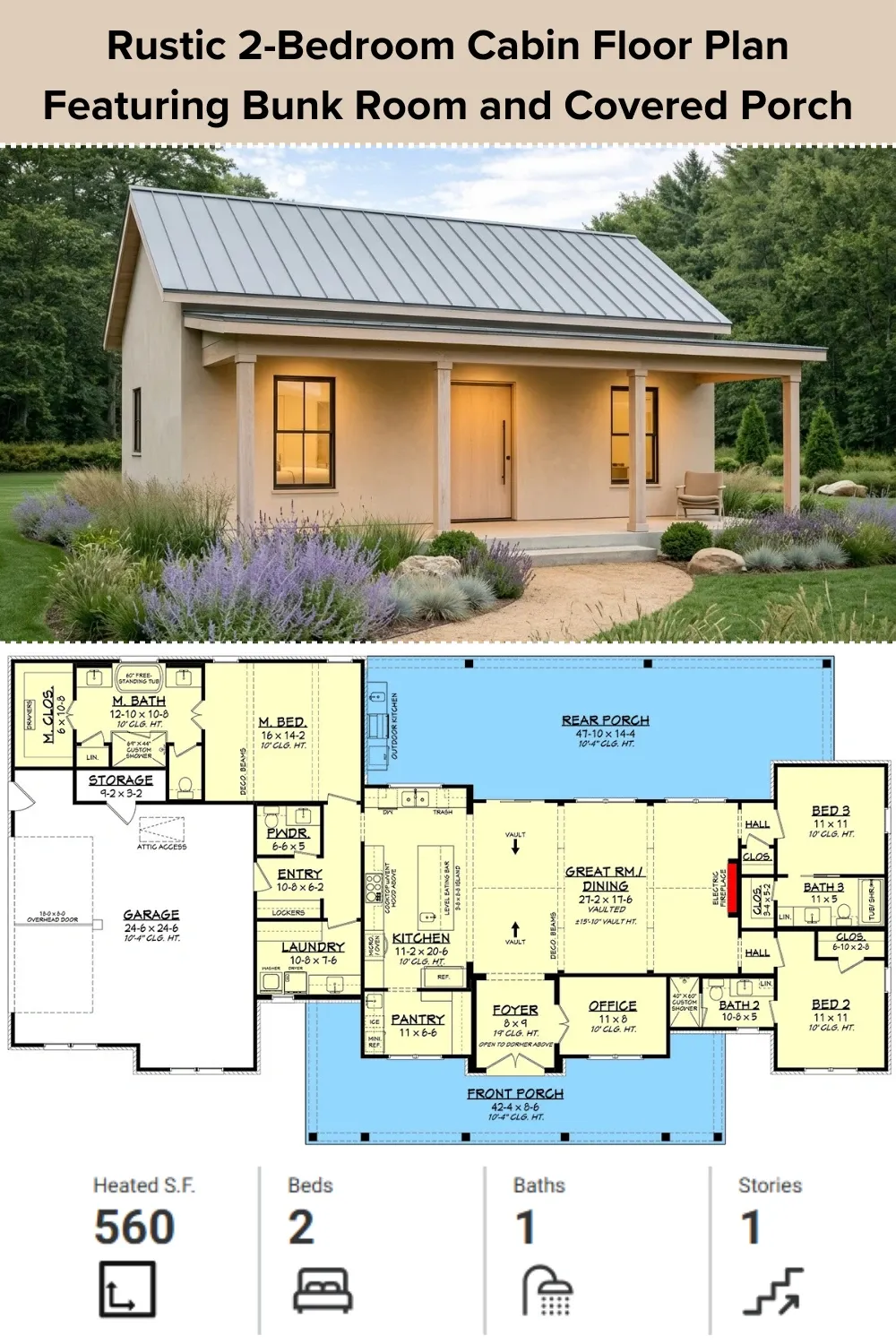 Minimalist Stucco Cabin Floor Plan with Covered Porch