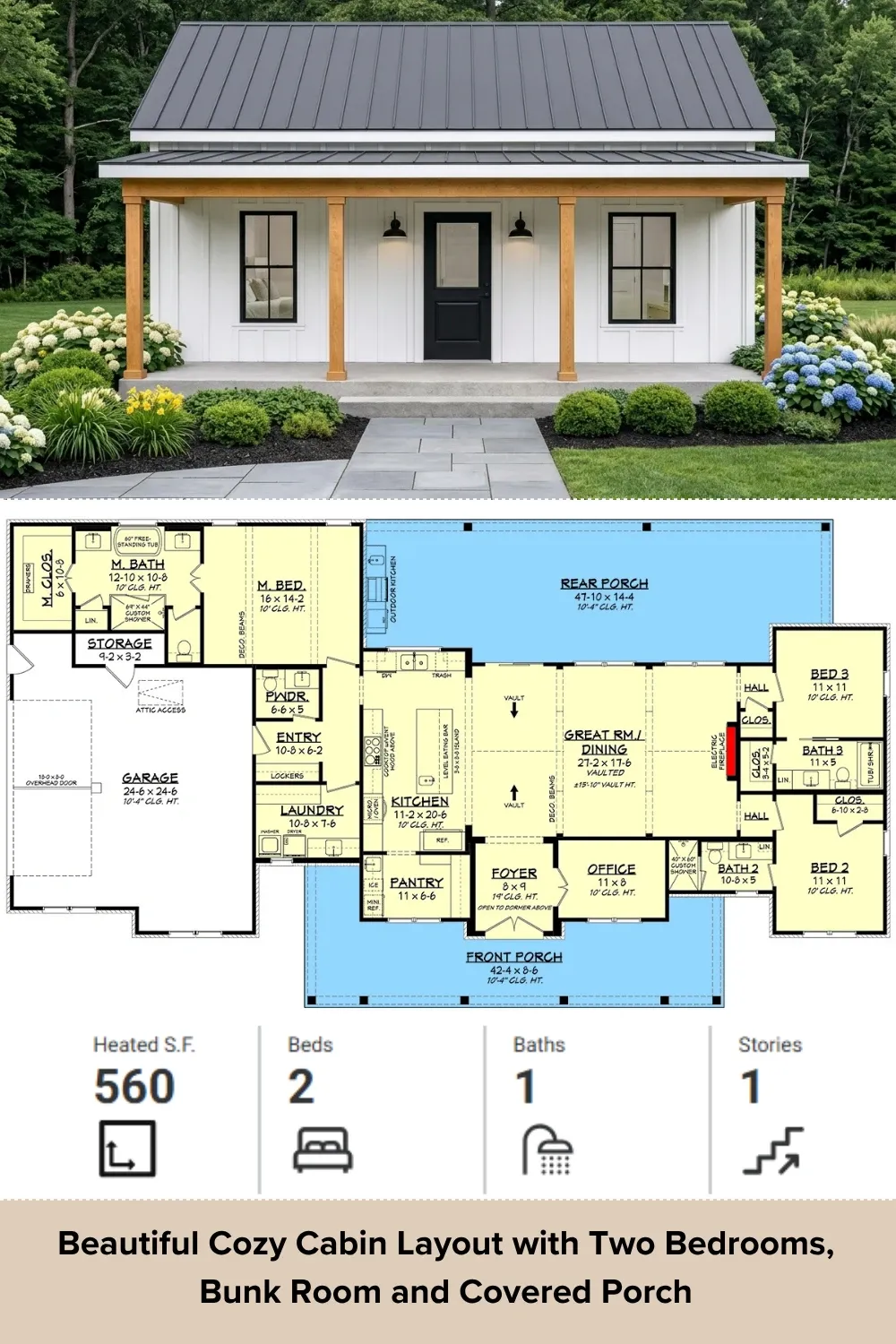 White Modern Farmhouse Plan: 560 Sq Ft, 2 Bedrooms