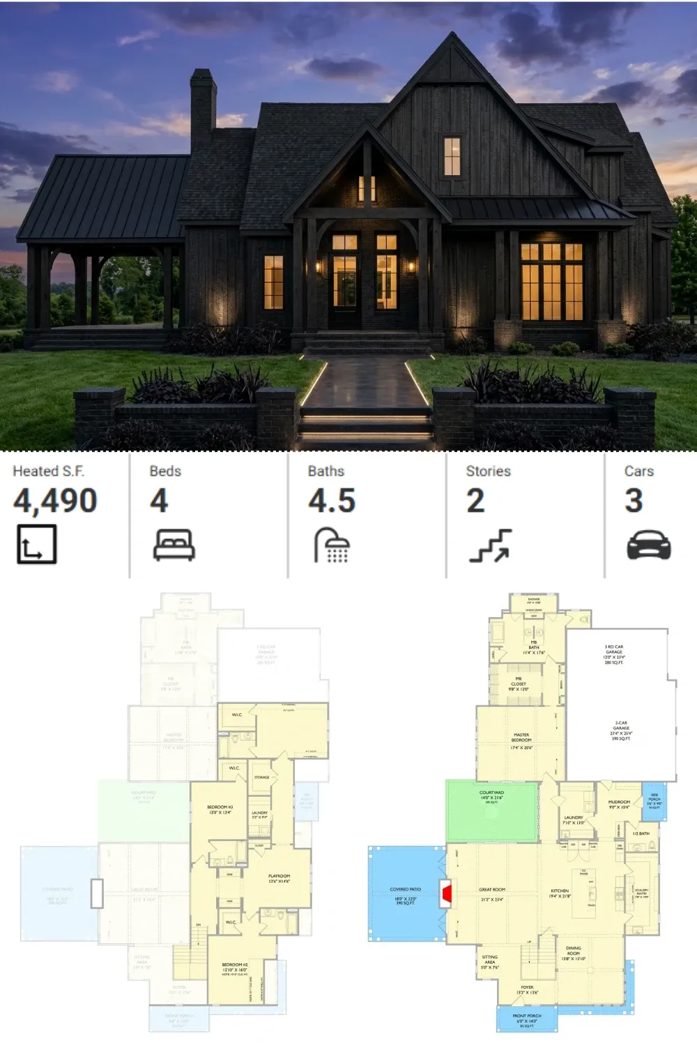 Moody Black Farmhouse Plan - 4 Bed, 4.5 Bath