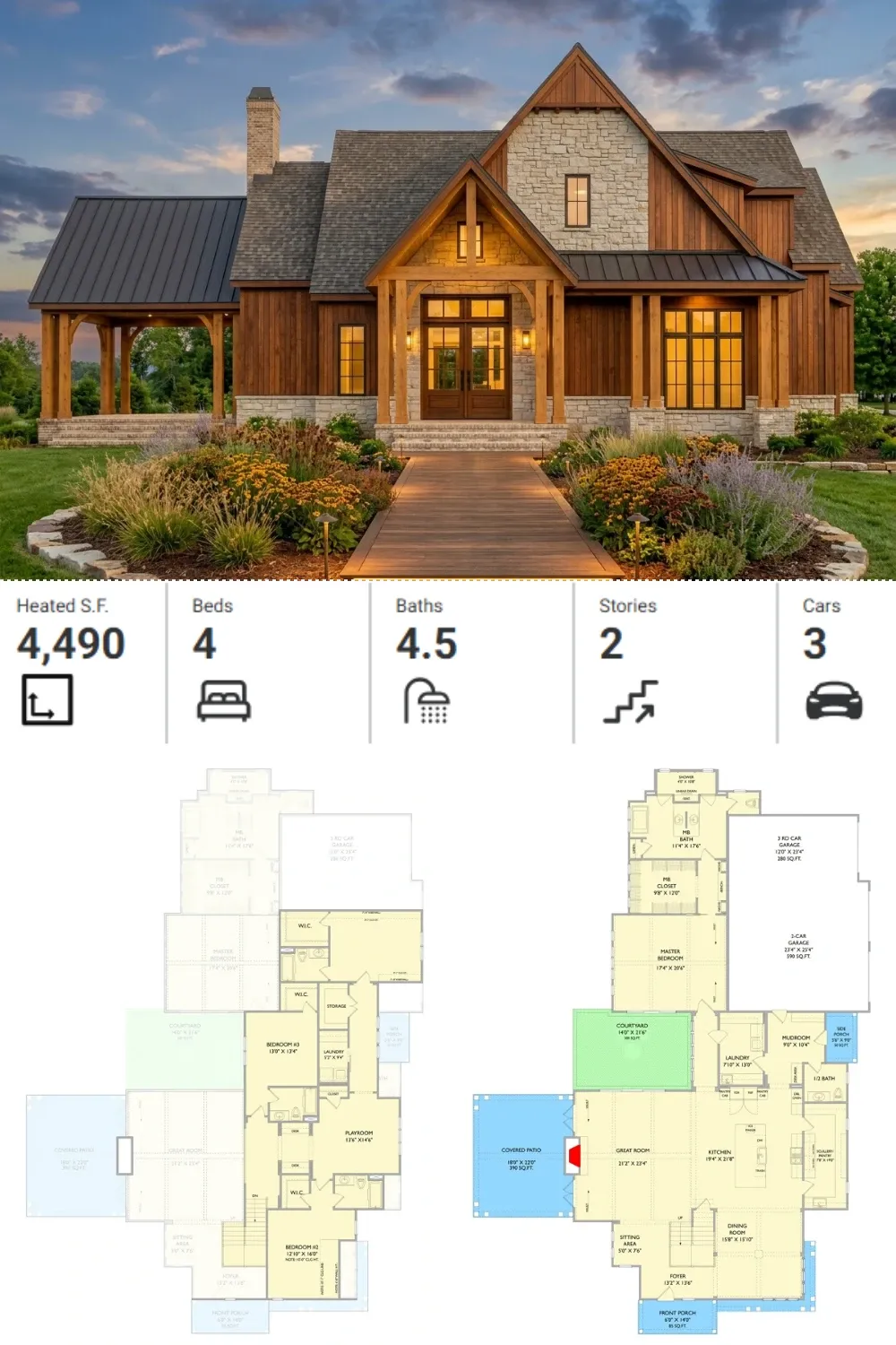 Rustic Transitional Home Plan with Inner Courtyard