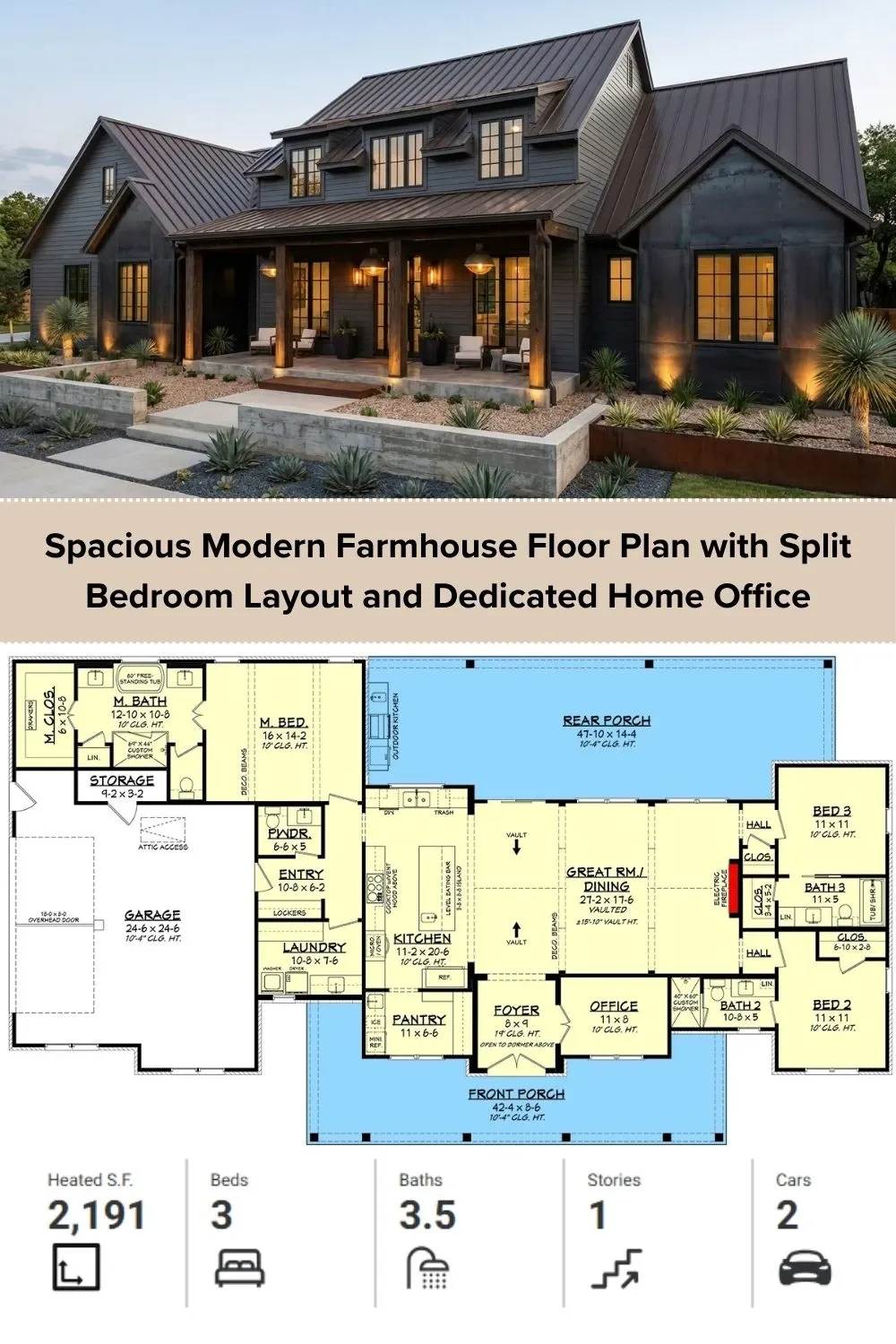 Industrial Modern Farmhouse Plan | 3 Bed, 2 Bath