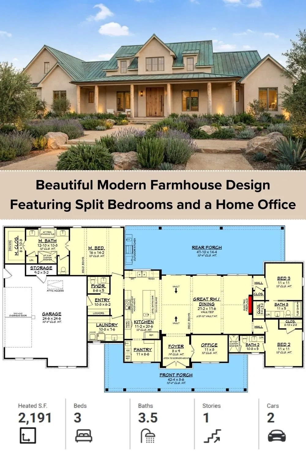Stucco Modern Farmhouse Plan with Patina Roof