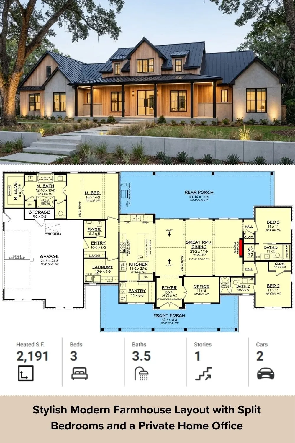 Stylish Mixed-Material Modern Farmhouse Plan
