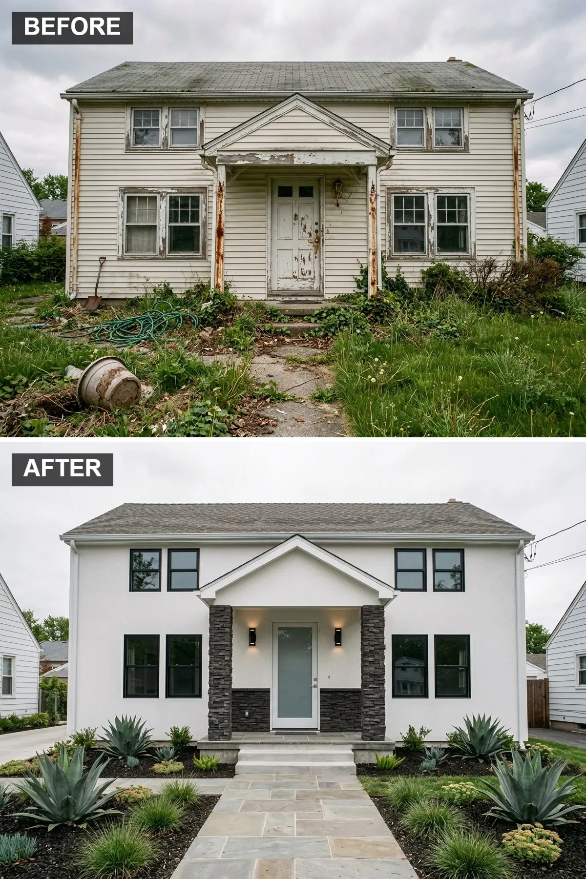 Modern Stucco and Stone Pillar Entrance