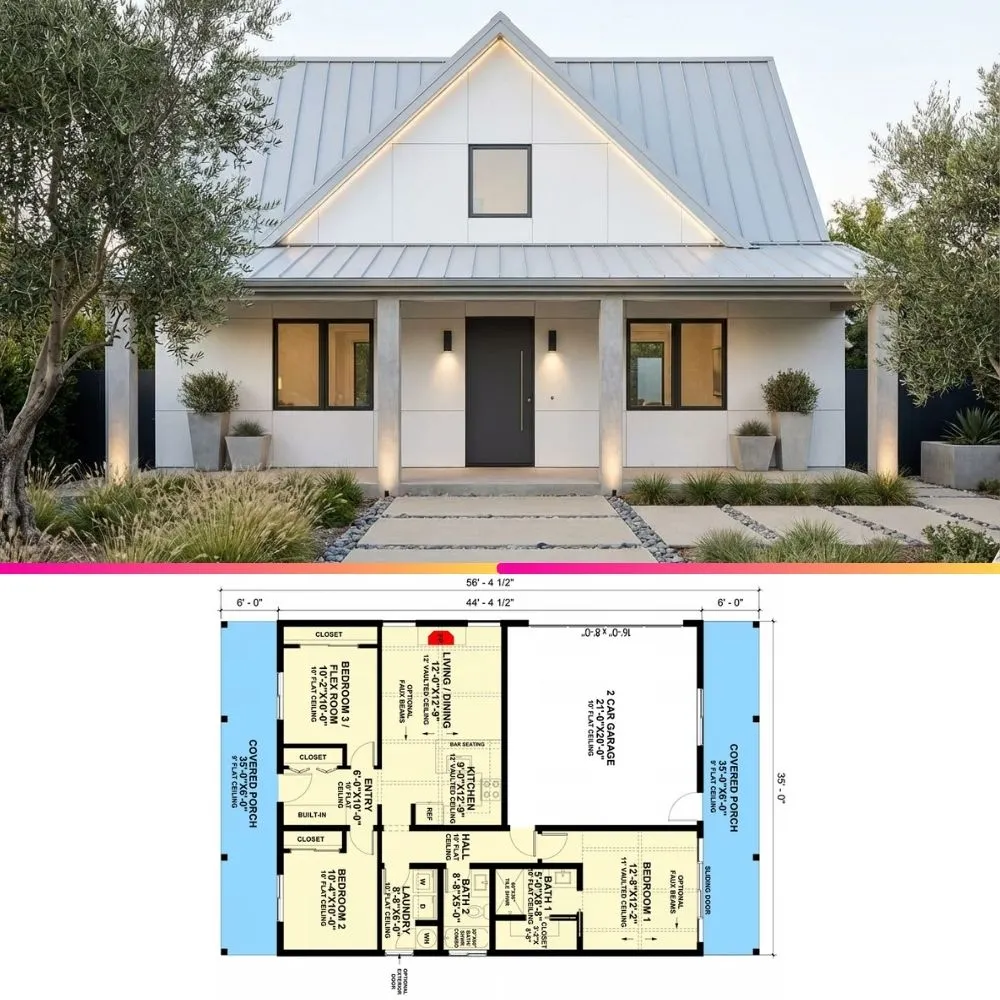 Efficient 3 Bed Modern Farmhouse Plan | 1,104 Sq Ft