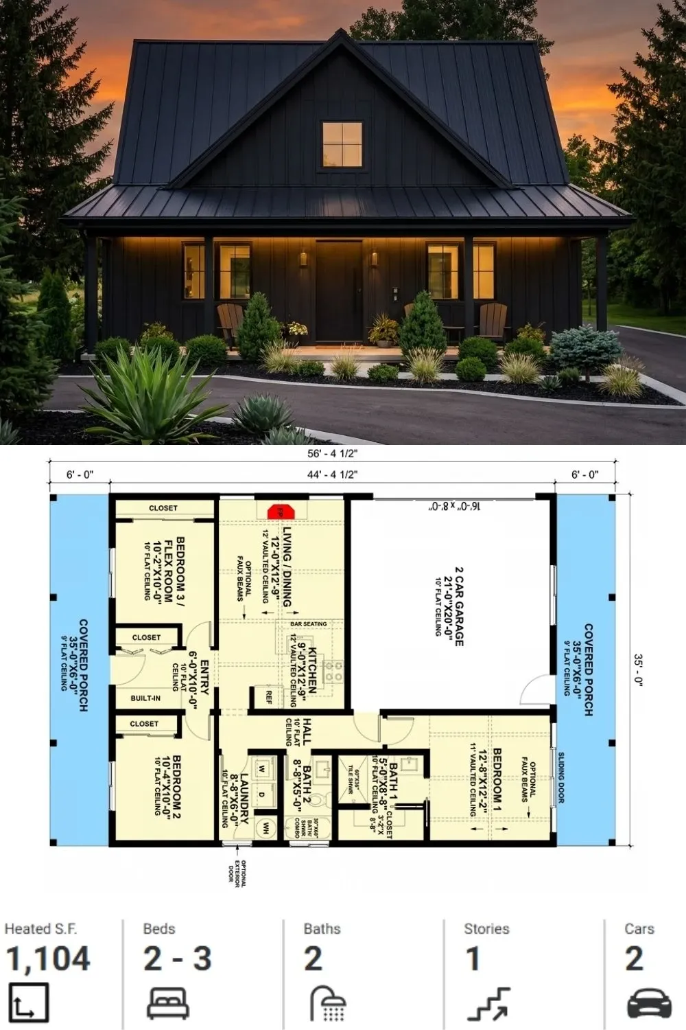 Bold Dark Modern House Plan - 1,104 Sq Ft