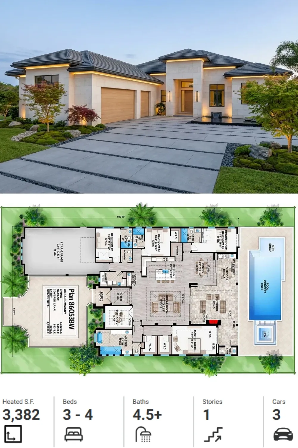 Minimalist Stone House Plan with Courtyard Garage
