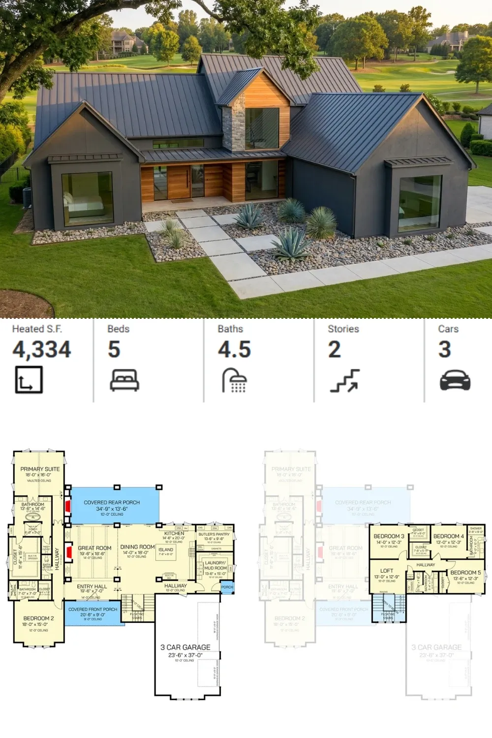 Aerial View: Transitional Farmhouse Facade & Landscaping