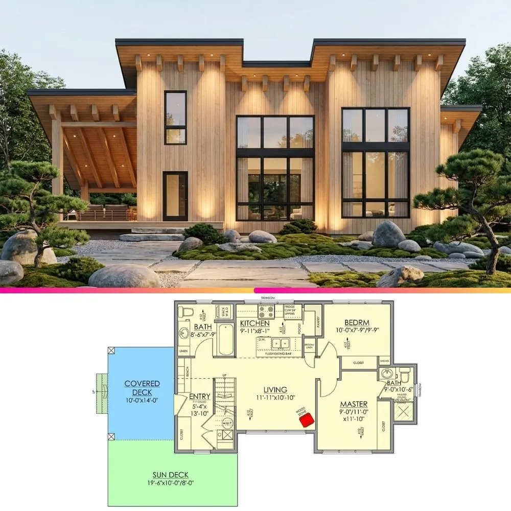 Modern Wood Cabin with Japanese Garden 840 Sq Ft Plan