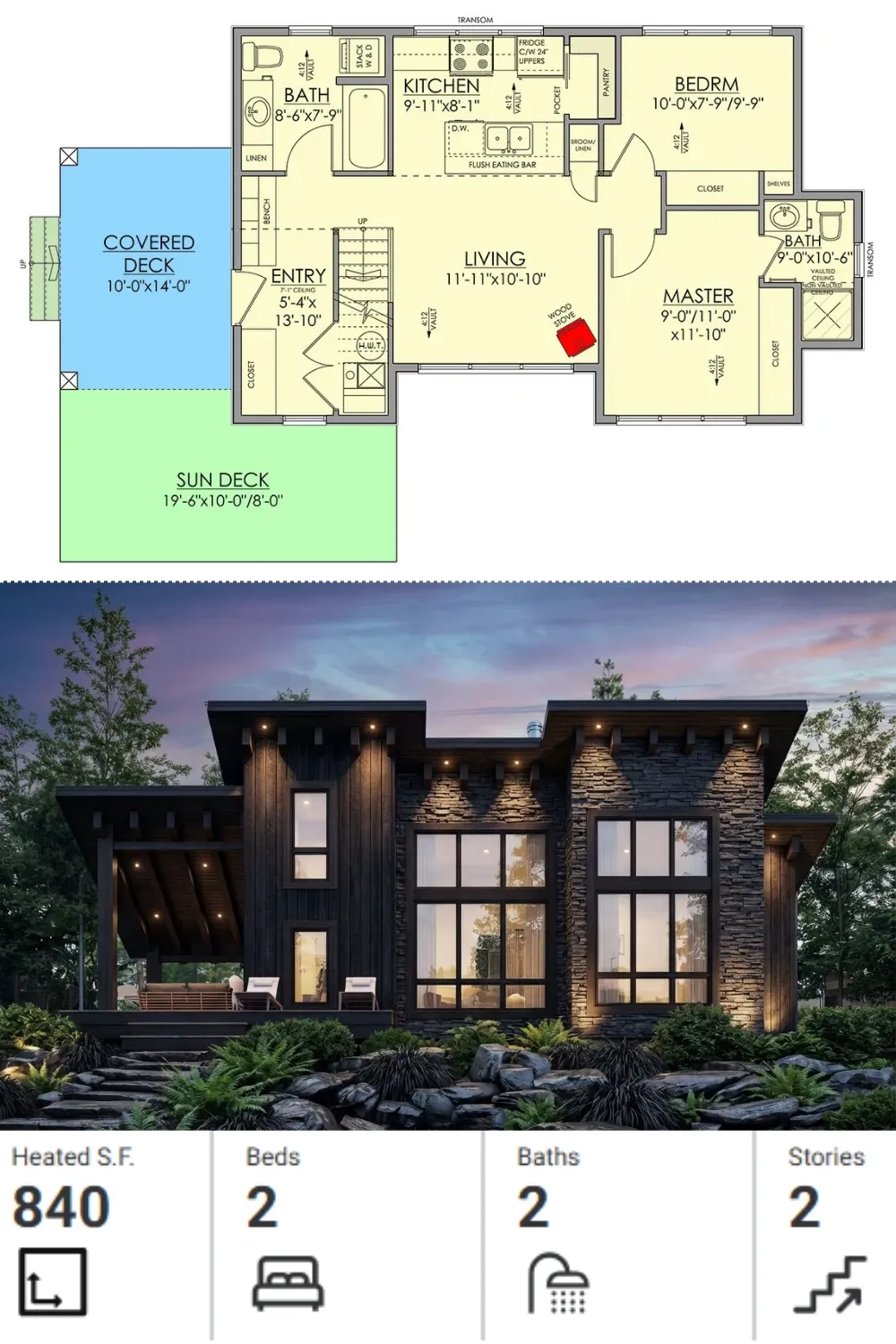 Dark Stone & Wood Rustic-Modern Cabin Plan