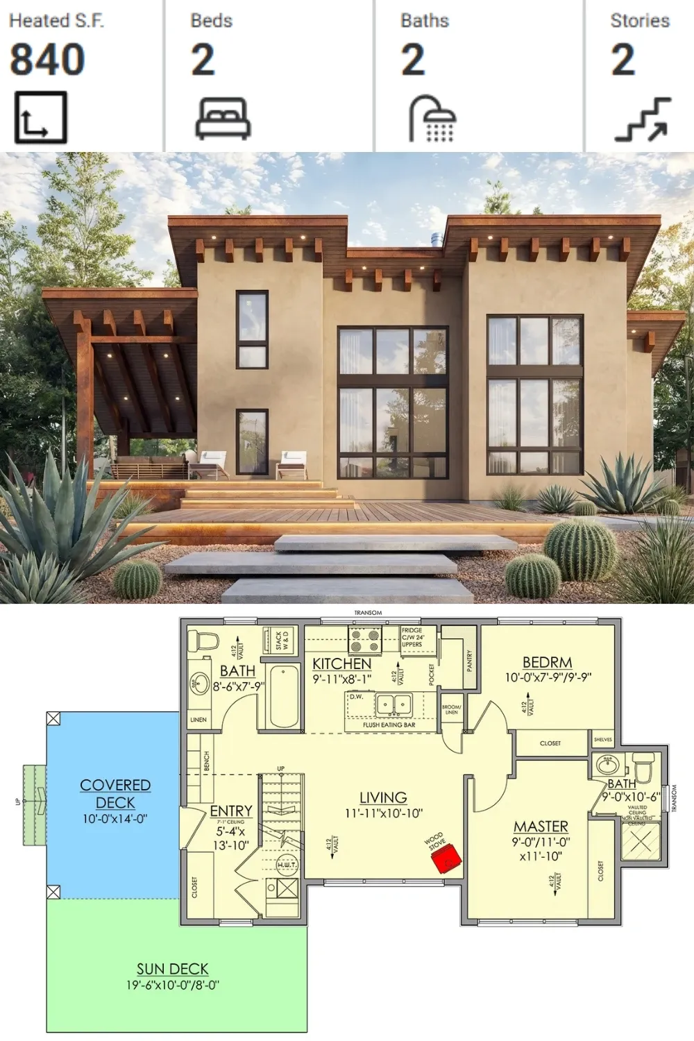 Desert Modern Stucco House Plan - 840 Sq Ft