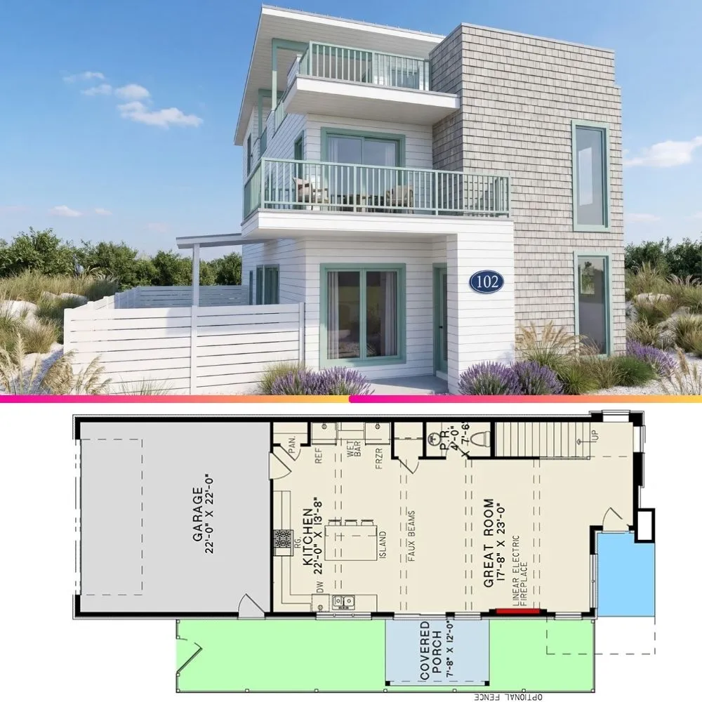 Modern 3 Story Home Plan with Rooftop Deck
