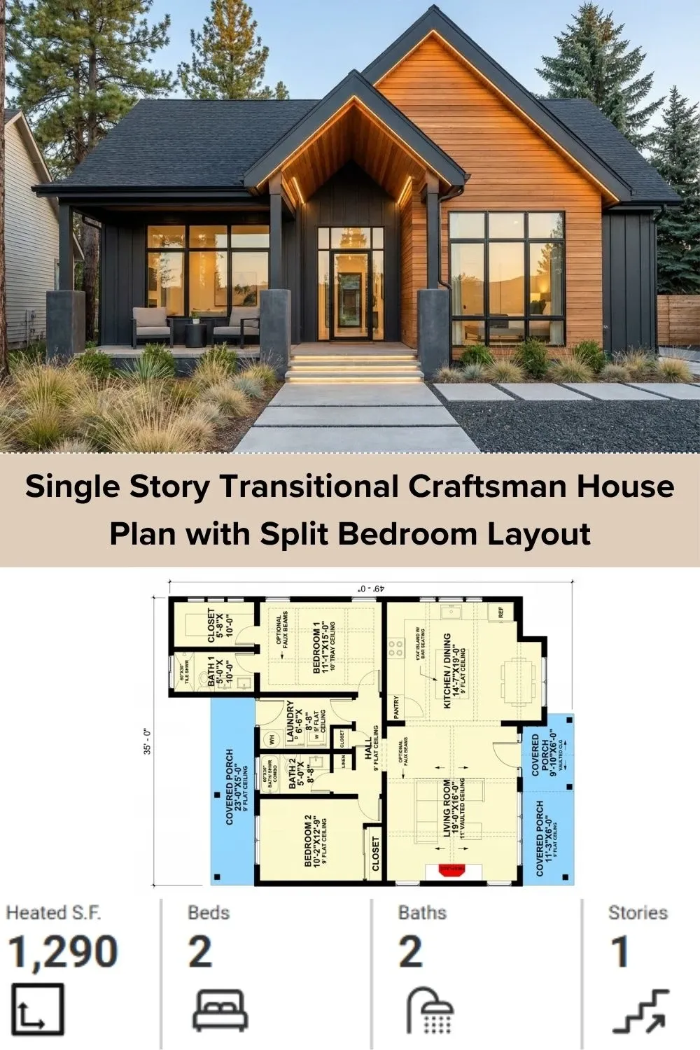 Warm Modern Mountain Style 2-Bedroom Plan