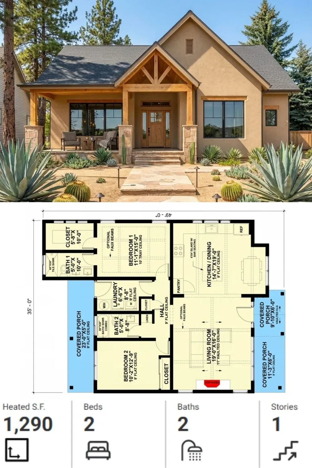 Southwestern Stucco House Plan - 2 Beds, 2 Baths