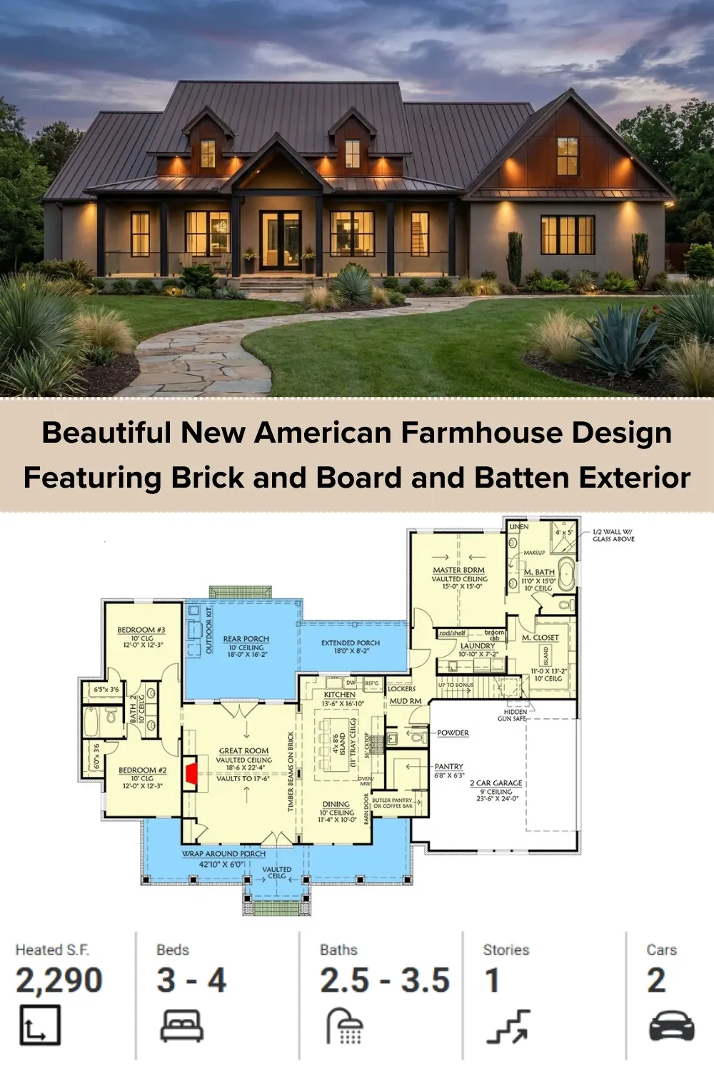 One-Story Farmhouse Layout: 3 Bed, 2.5 Bath Plan