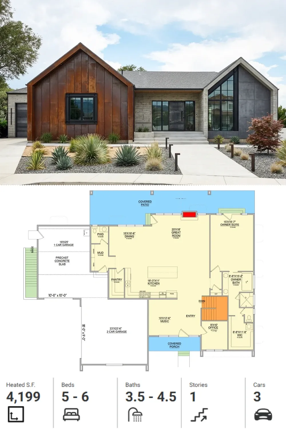 Industrial-Chic Ranch House Plan with Corten Steel & Concrete