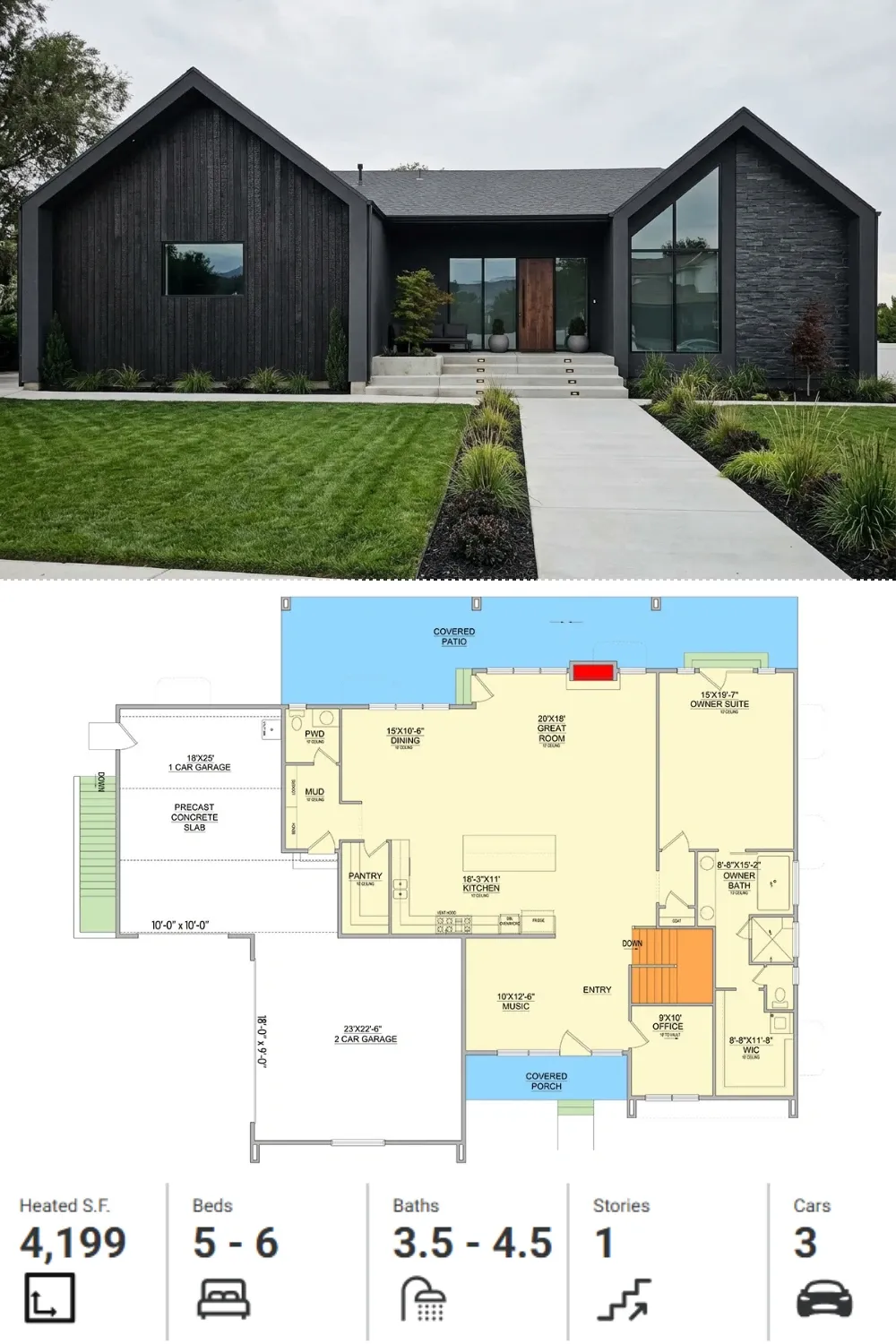 Dark & Moody Modern Ranch Plan with Shou Sugi Ban Siding