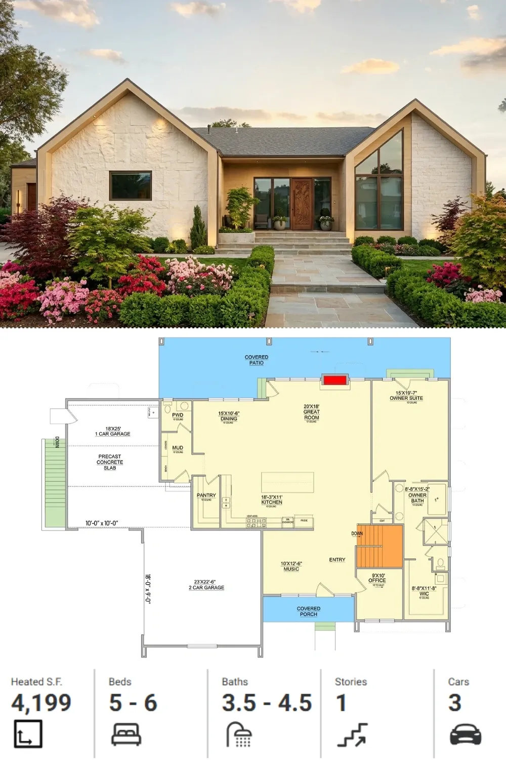 Organic Modern Stone House Plan with Lush Landscaping